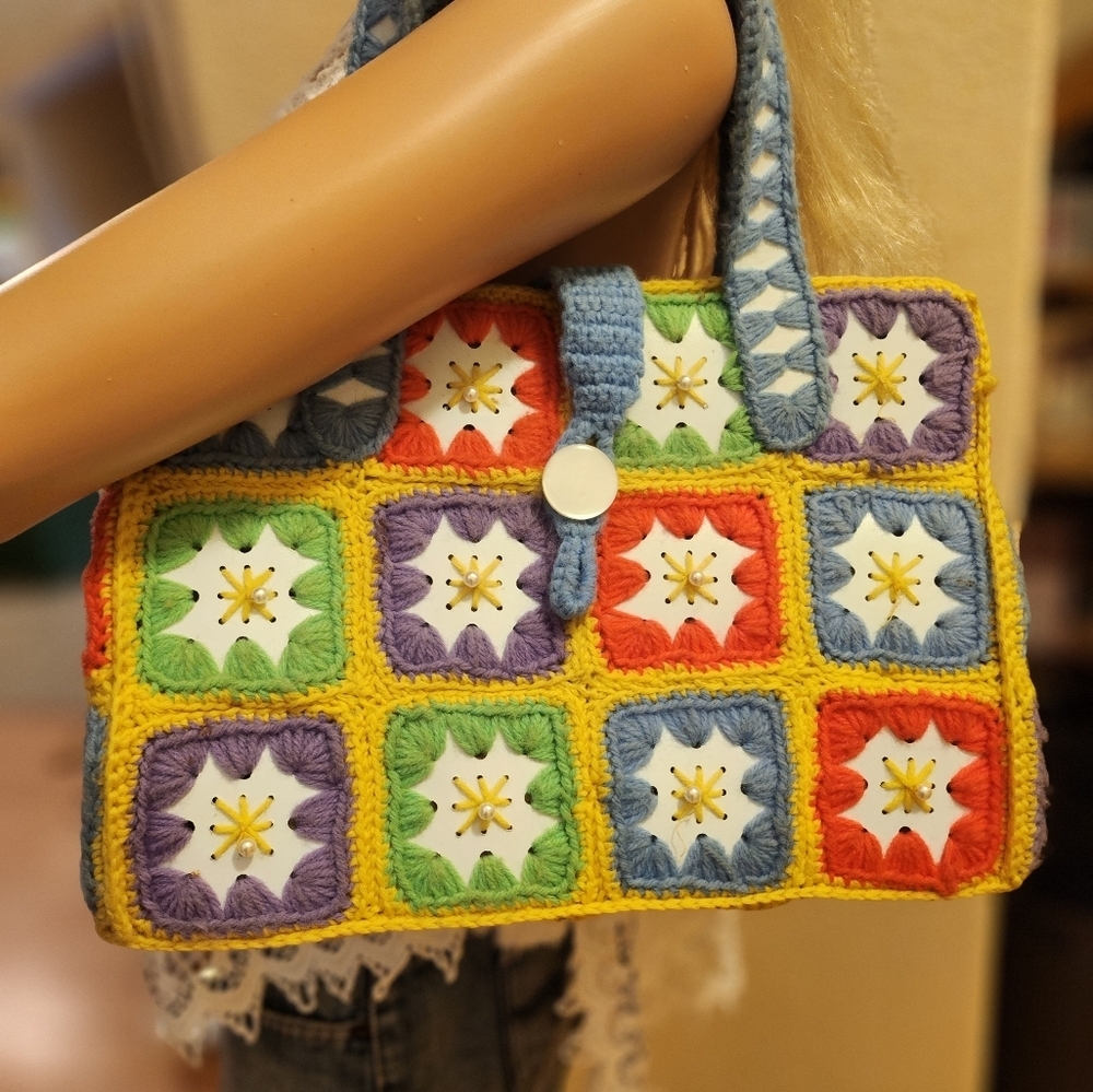 Bohemian VINTAGE  Colorful CRAFTED Crochet Tote Bag - Picture 6 of 16